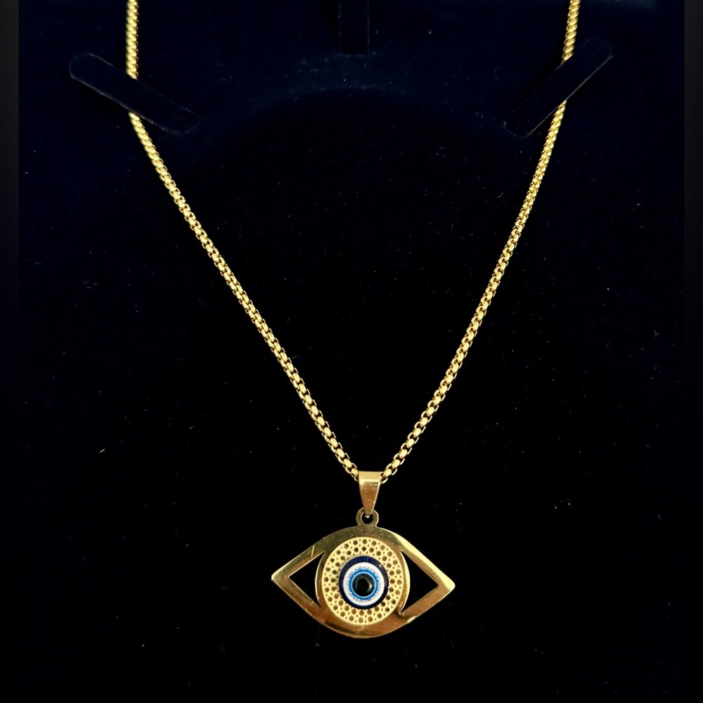 Evil Eye Necklace. Never Fade Stainless Steel. Chain 19.69”. Pendant 1.38”x0.9”.